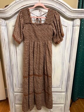 Brown Floral Smocked Midi Dress Small Puff Sleeve Cottagecore Boho Boutique